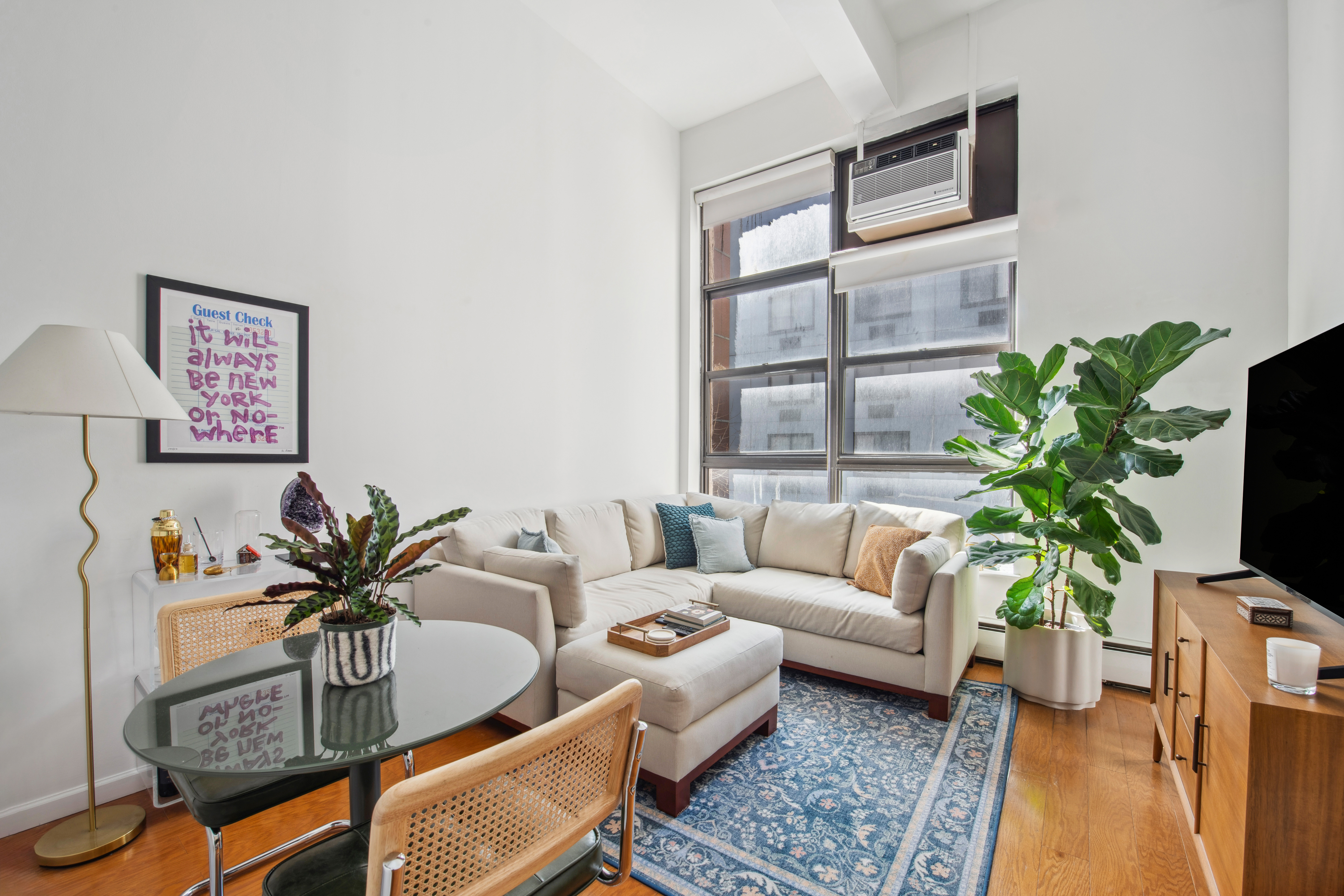 350 East 62nd Street, Unit 3J Manhattan, NY 10065 - Photo 1 of 9 a living room with furniture a potted plant and a flat screen tv