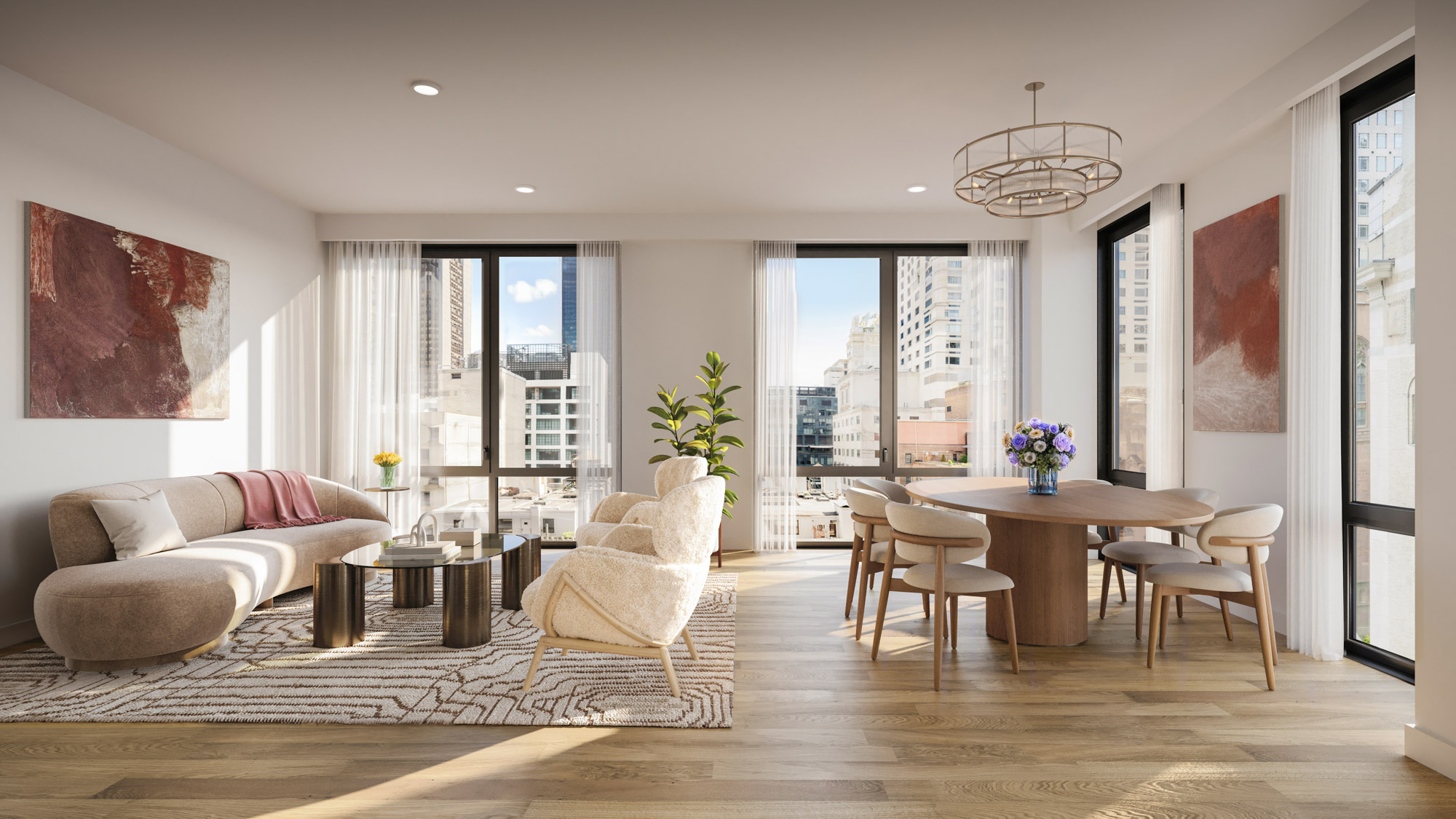 a living room with furniture wooden floor and a large window