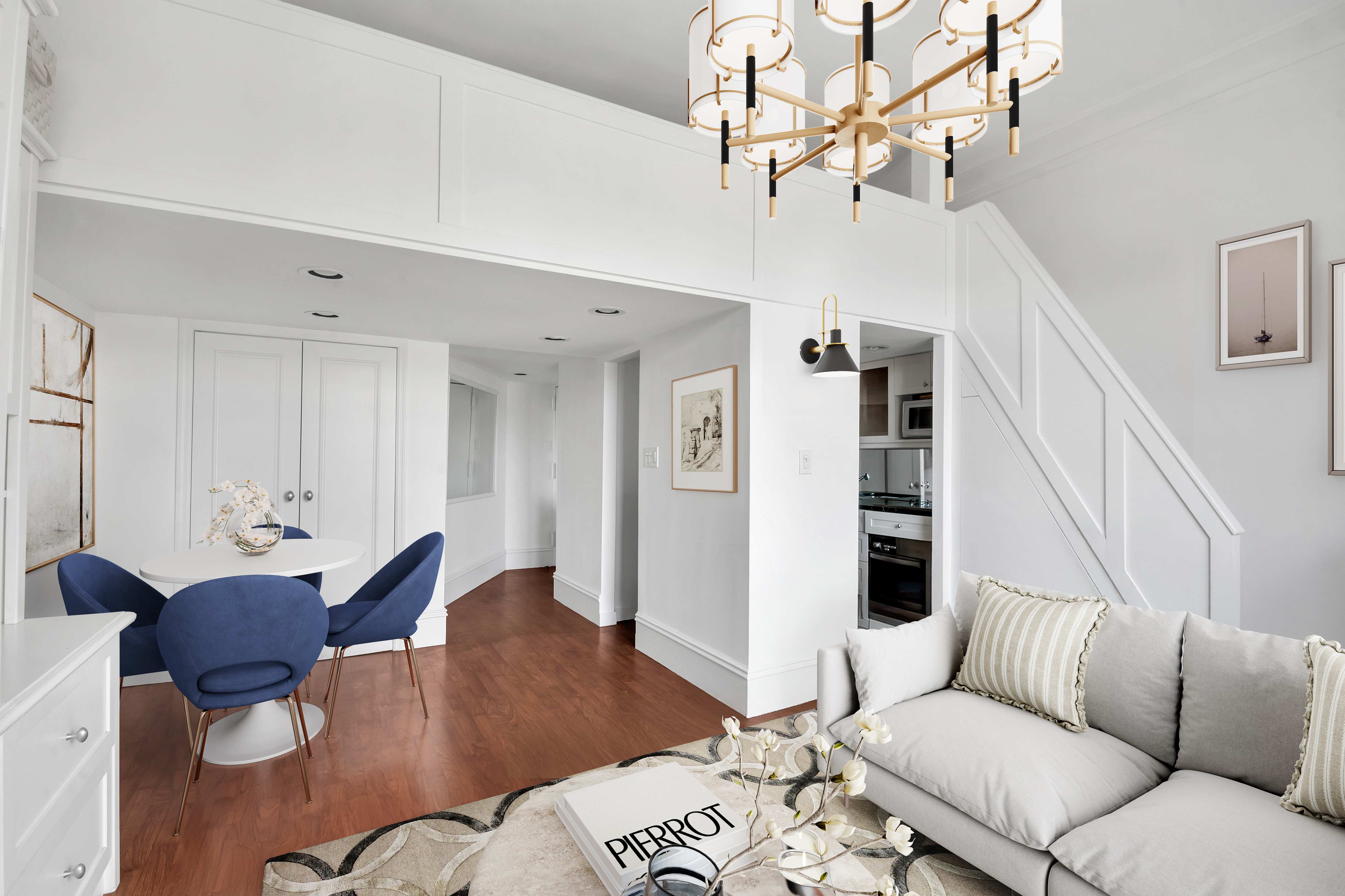 140 West 69th Street, Unit 107A Manhattan, NY 10023 - Photo 8 of 15 a living room with furniture or chandelier and a wooden floor