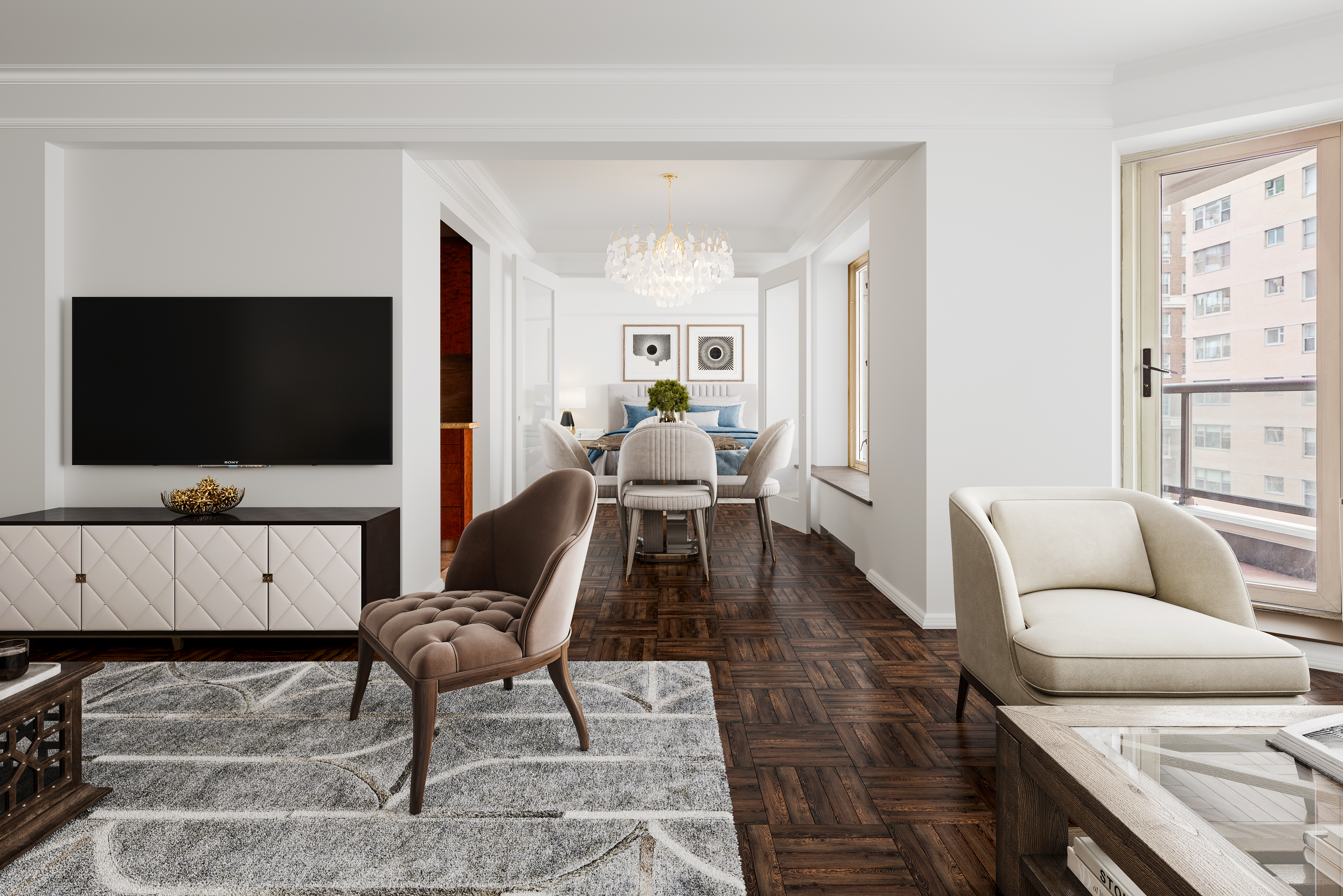 36 Sutton Place South, Unit 10B Manhattan, NY 10022 - Photo 4 of 16 a living room with furniture and a flat screen tv