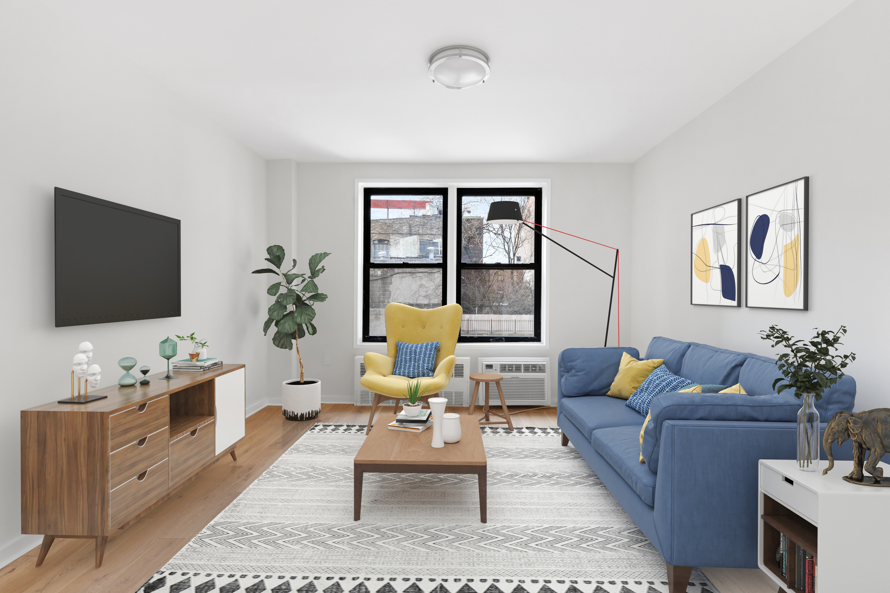 165 Christopher Street, Unit 1DD Manhattan, NY 10014 - Photo 2 of 14 a living room with furniture a flat screen tv and a potted plant