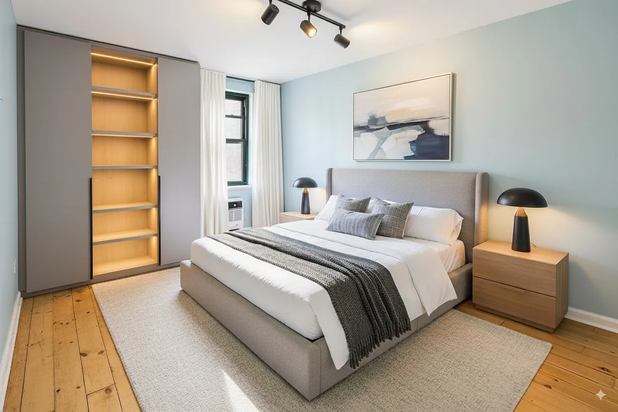 a bedroom with a bed and a painting on the wall