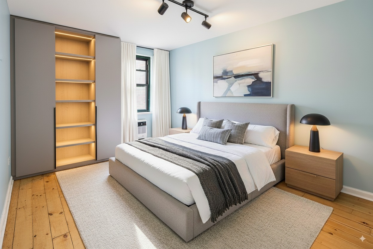 129 Barrow Street, Unit 3A Manhattan, NY 10014 - Photo 3 of 10 a bedroom with a bed and a painting on the wall