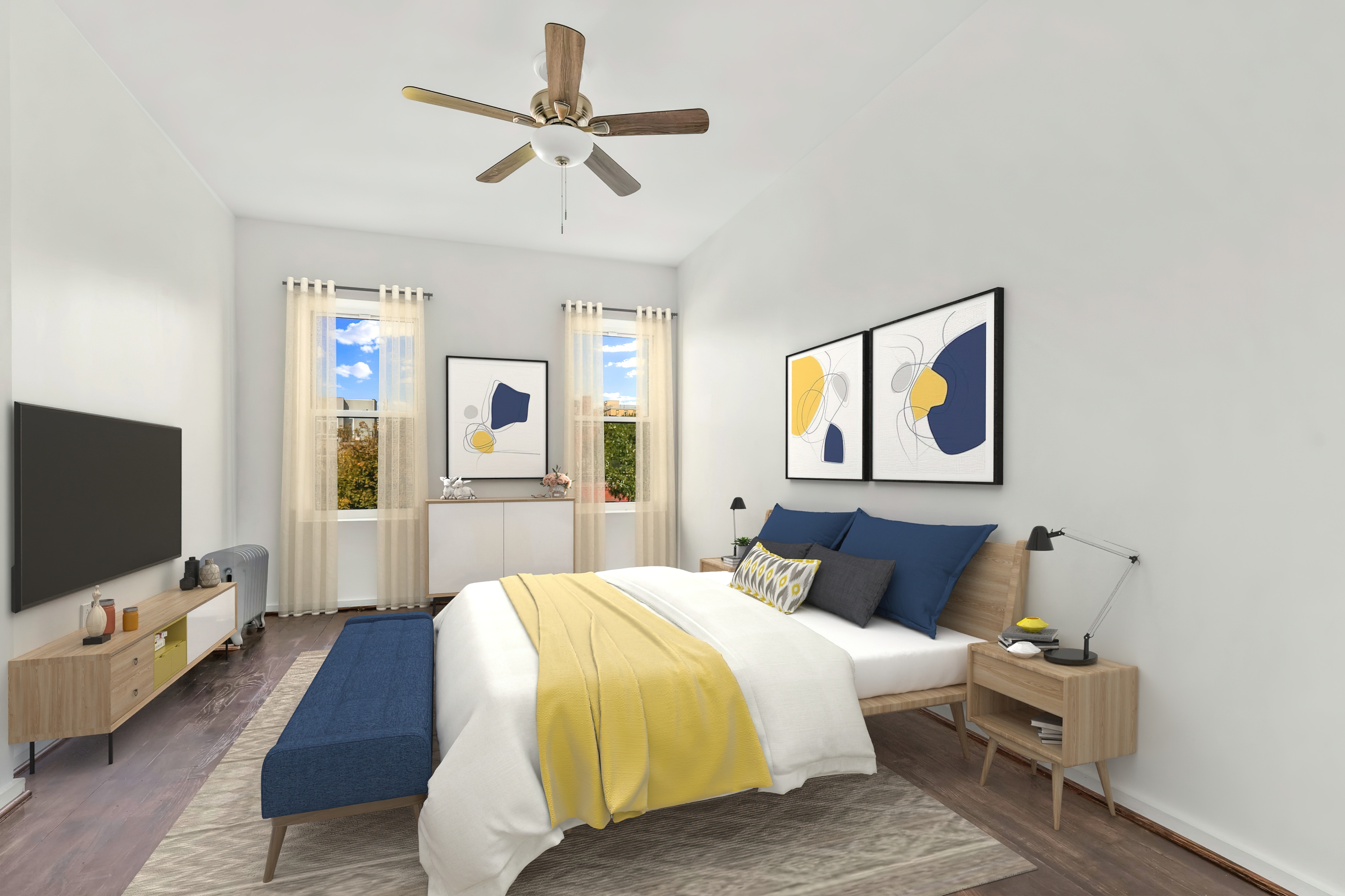 a bedroom with a bed and a flat screen tv