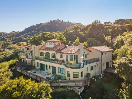 an aerial view of residential houses with a lake view