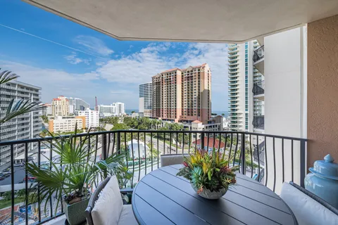 a view of a balcony with furniture