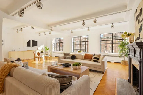 a view of a dining room with furniture and a potted plant