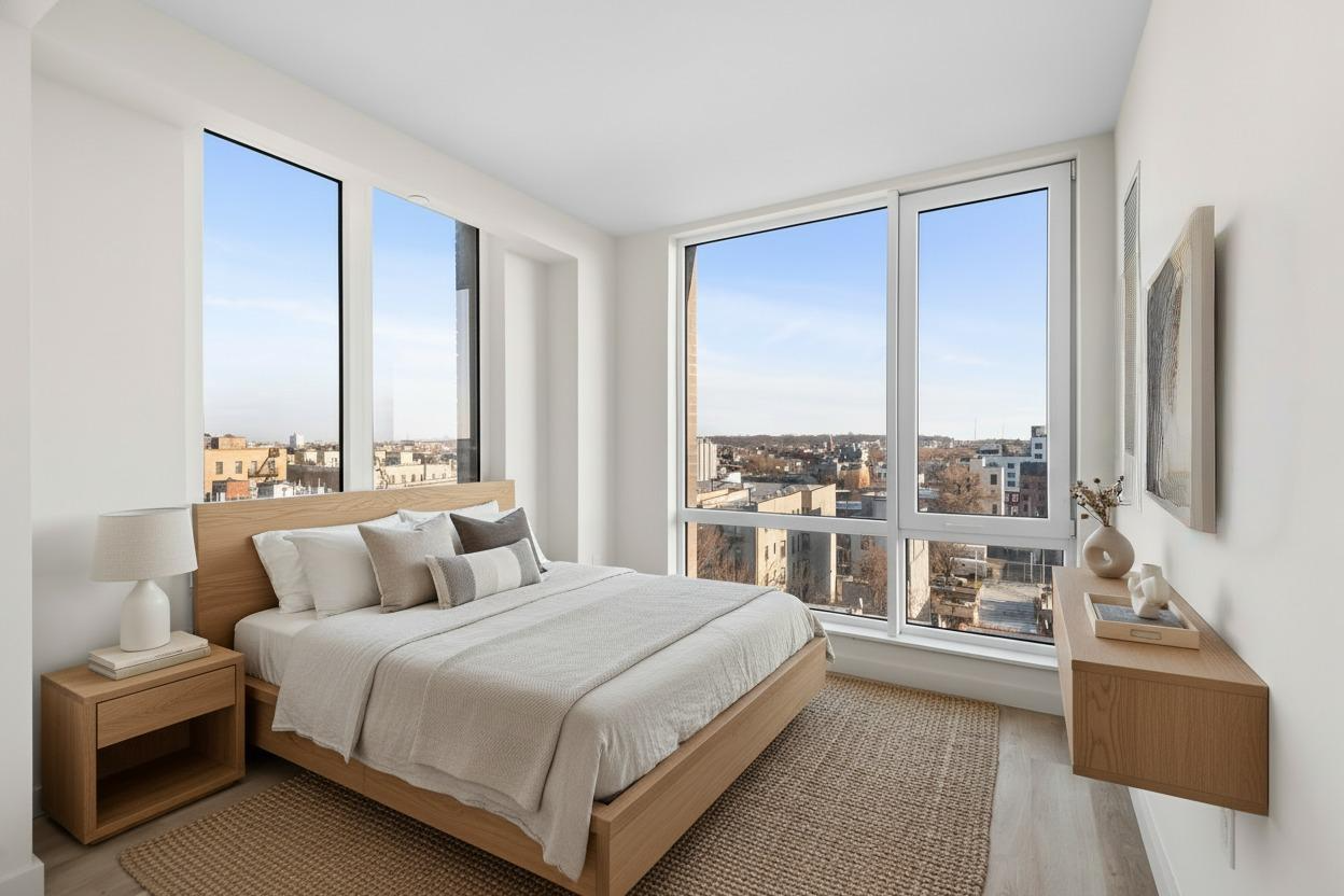 1333 Broadway, Unit 501 Brooklyn, NY 11221 - Photo 3 of 12 a bedroom with a large bed and a large window