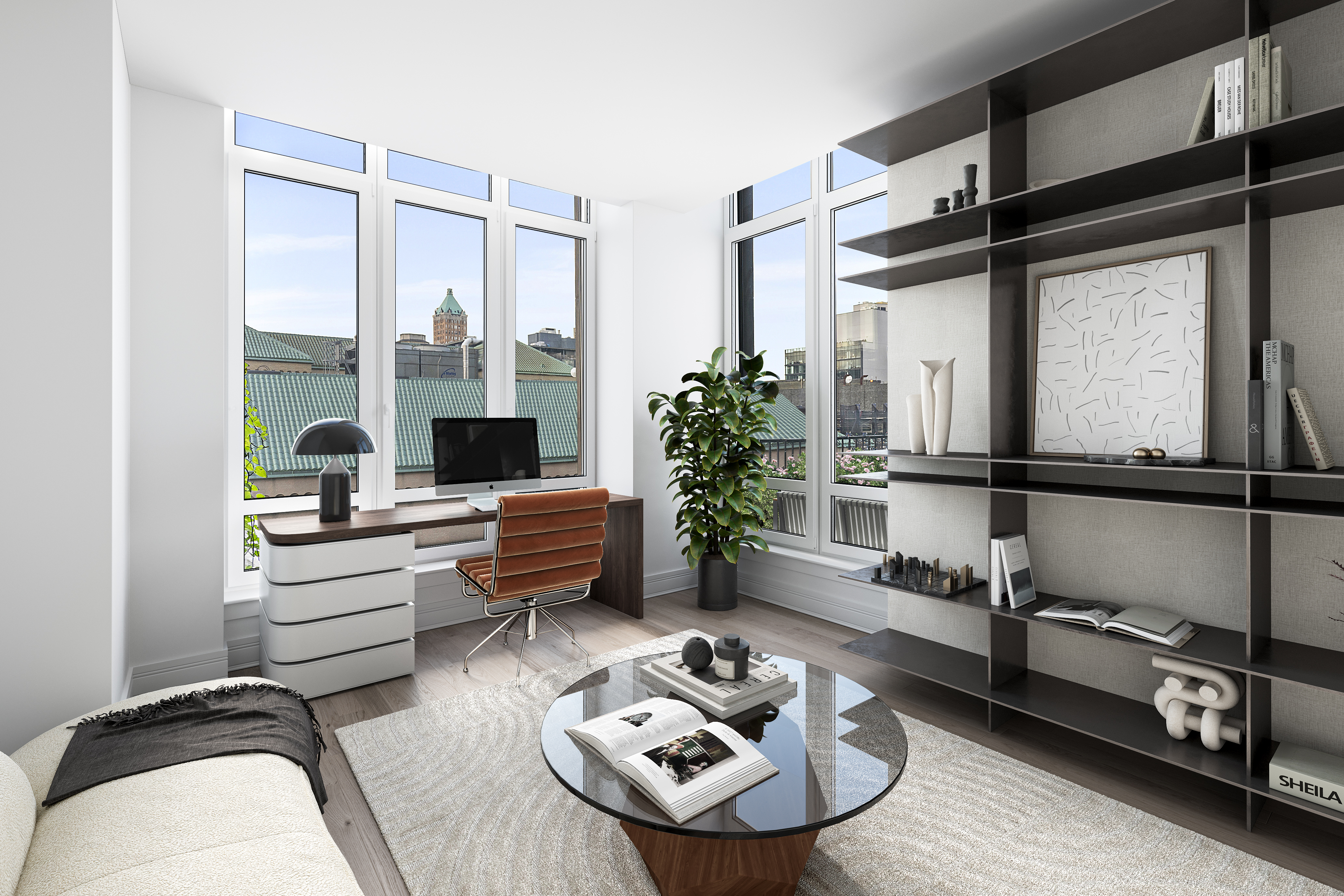 265 State Street, Unit 1601 Brooklyn, NY 11201 - Photo 12 of 14 a living room with furniture and a floor to ceiling window