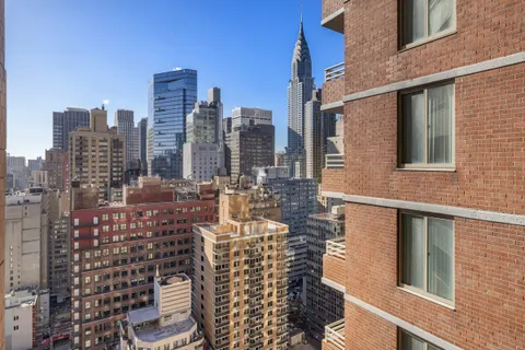 a city view with tall buildings