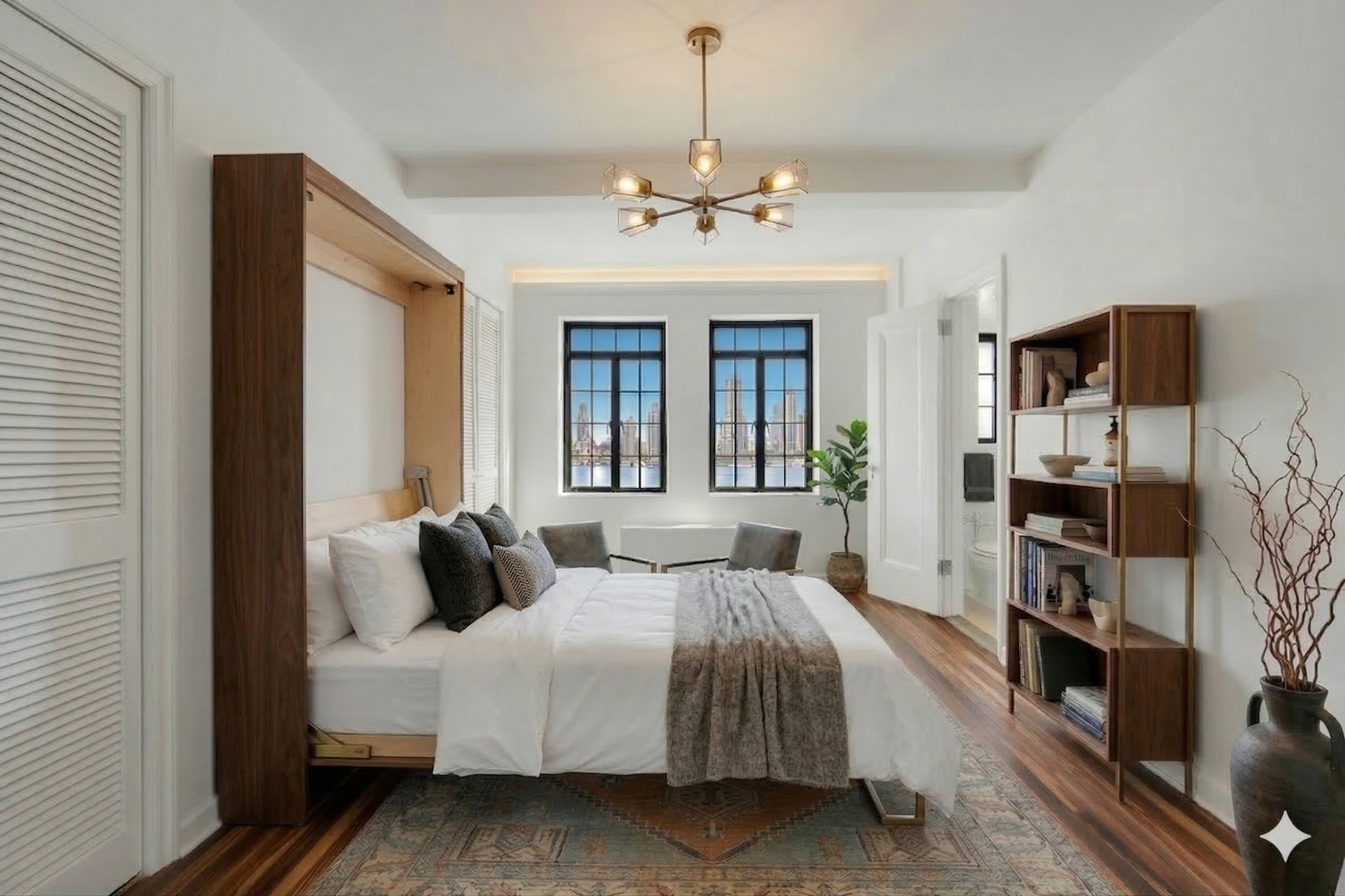 5 Tudor City Place, Unit 1126 Manhattan, NY 10017 - Photo 5 of 20 a bedroom with a large bed and a chandelier