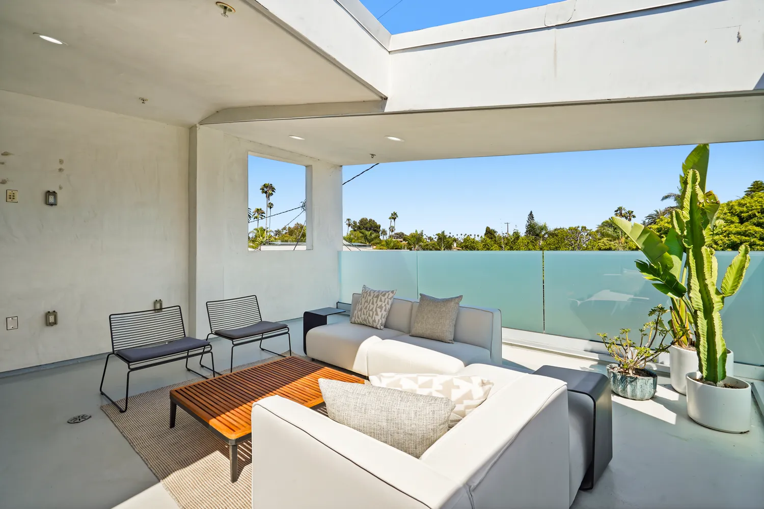 a living room with furniture and a potted plant