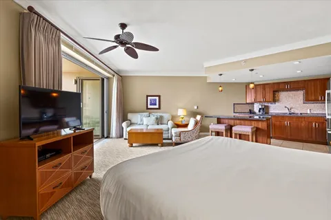 a bedroom with a balcony a bed and a television
