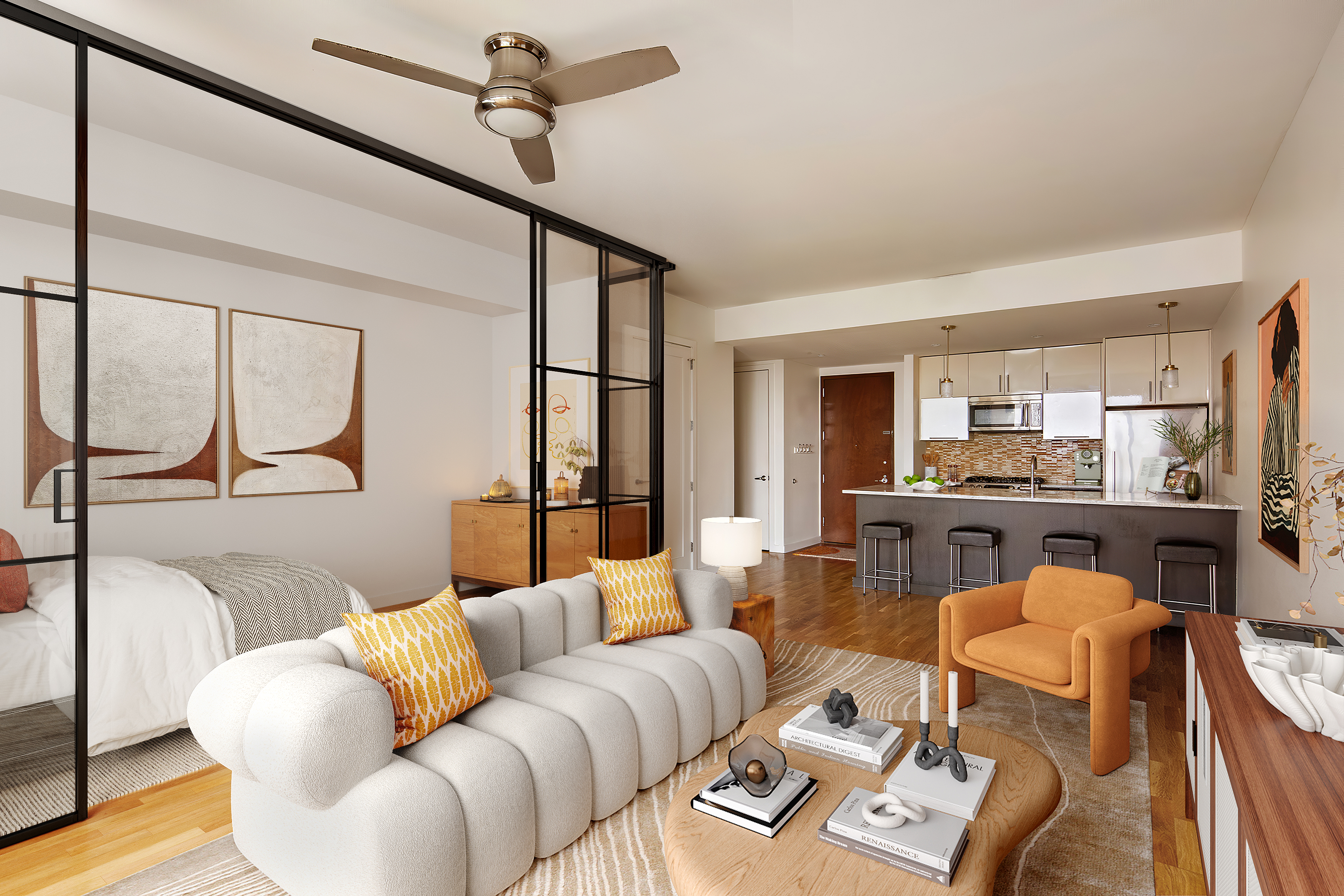 500 4th Avenue, Unit 6O Brooklyn, NY 11215 - Photo 3 of 13 a living room with furniture and a view of kitchen