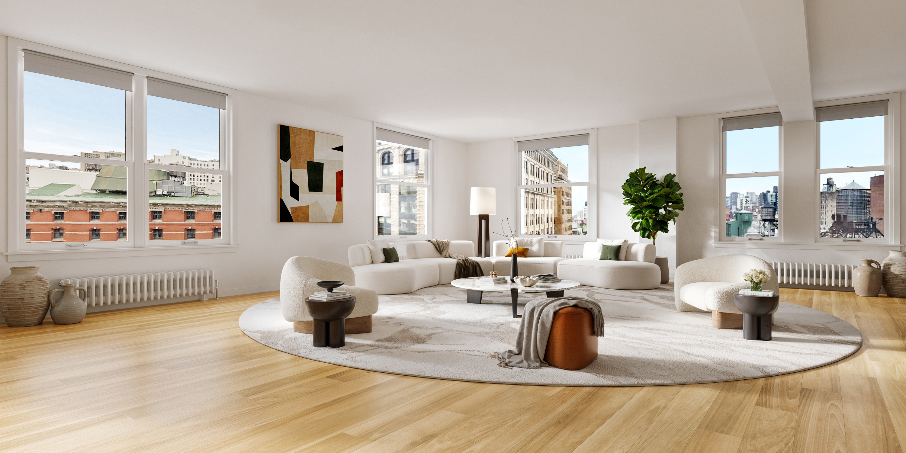 a living room with furniture large window and wooden floor