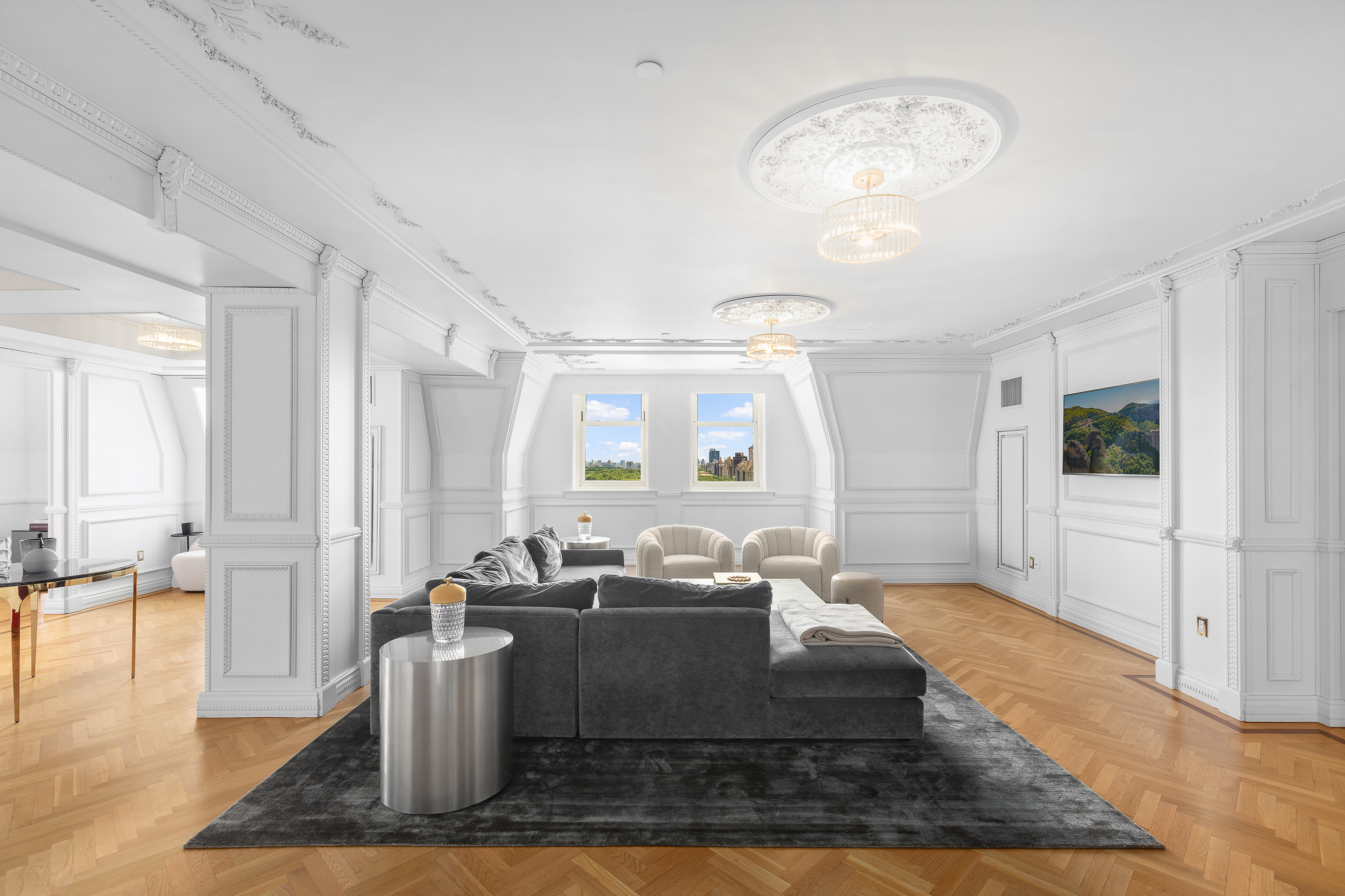 1 Central Park South, Unit 1801 Manhattan, NY 10019 - Photo 4 of 25 a living room with fireplace furniture and a table