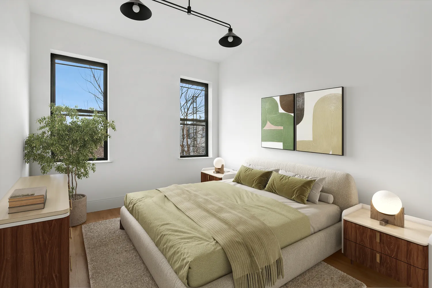 a bedroom with a bed and a potted plant