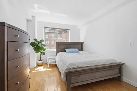 a bedroom with a bed potted plant on the dresser and mirror