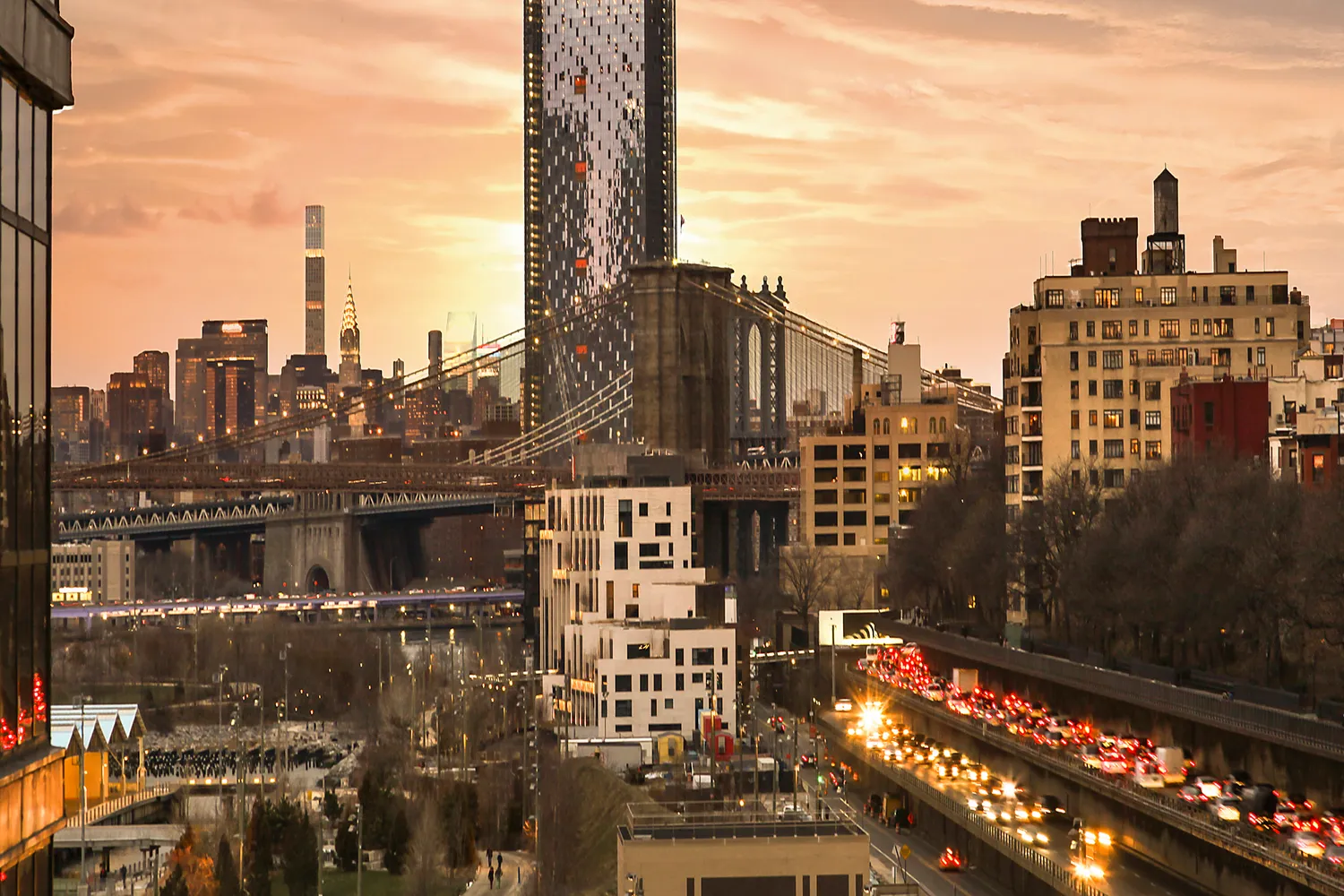 a city view with tall buildings