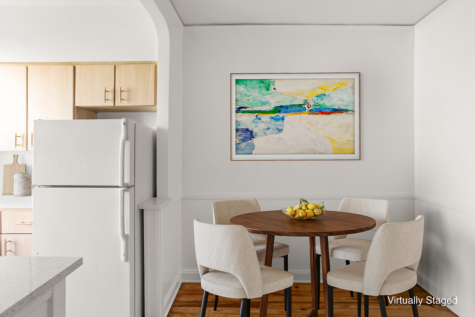 76-12 35th Avenue, Unit 6N Queens, NY 11372 - Photo 5 of 14 a view of a dining room with furniture a chandelier and a refrigerator