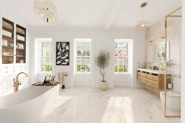 a bathroom with a double vanity sink mirror and shower