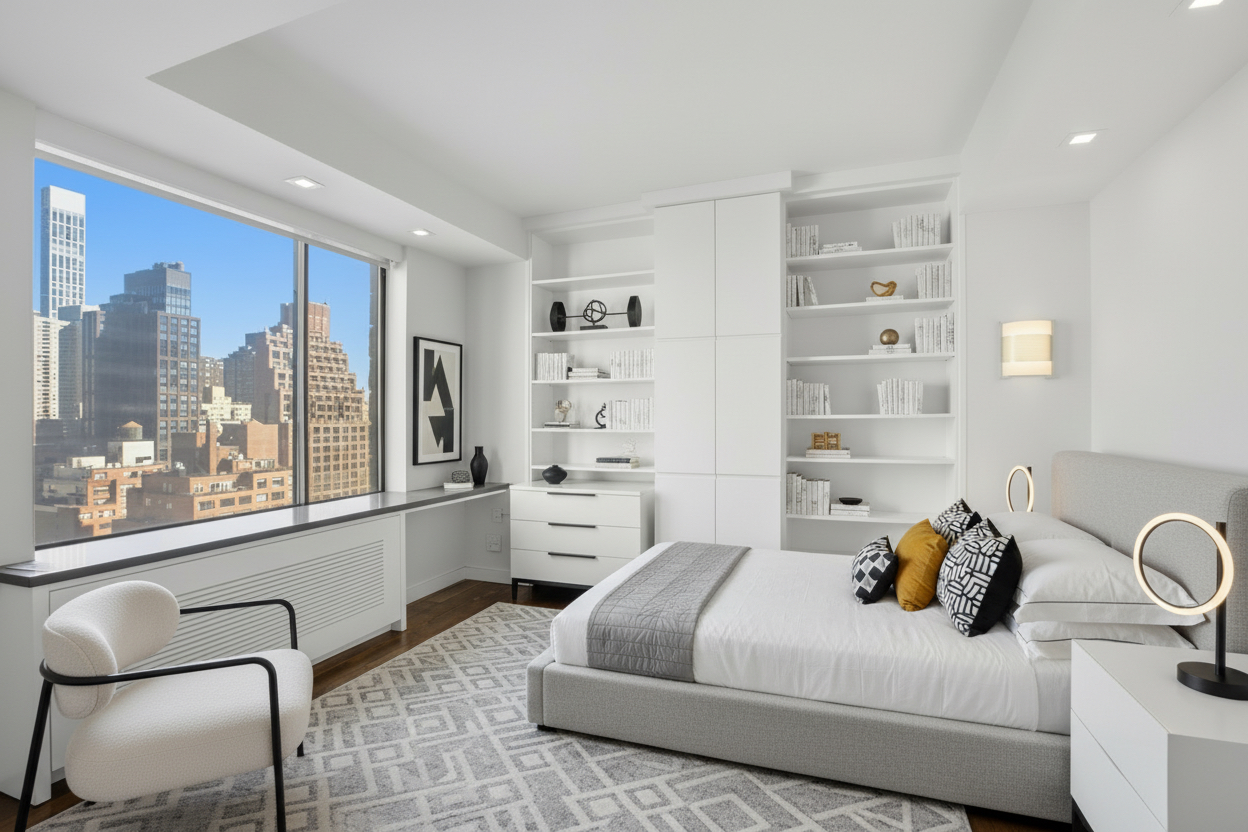 309 East 49th Street, Unit 21A Manhattan, NY 10017 - Photo 6 of 18 a bedroom with a bed and wooden floor