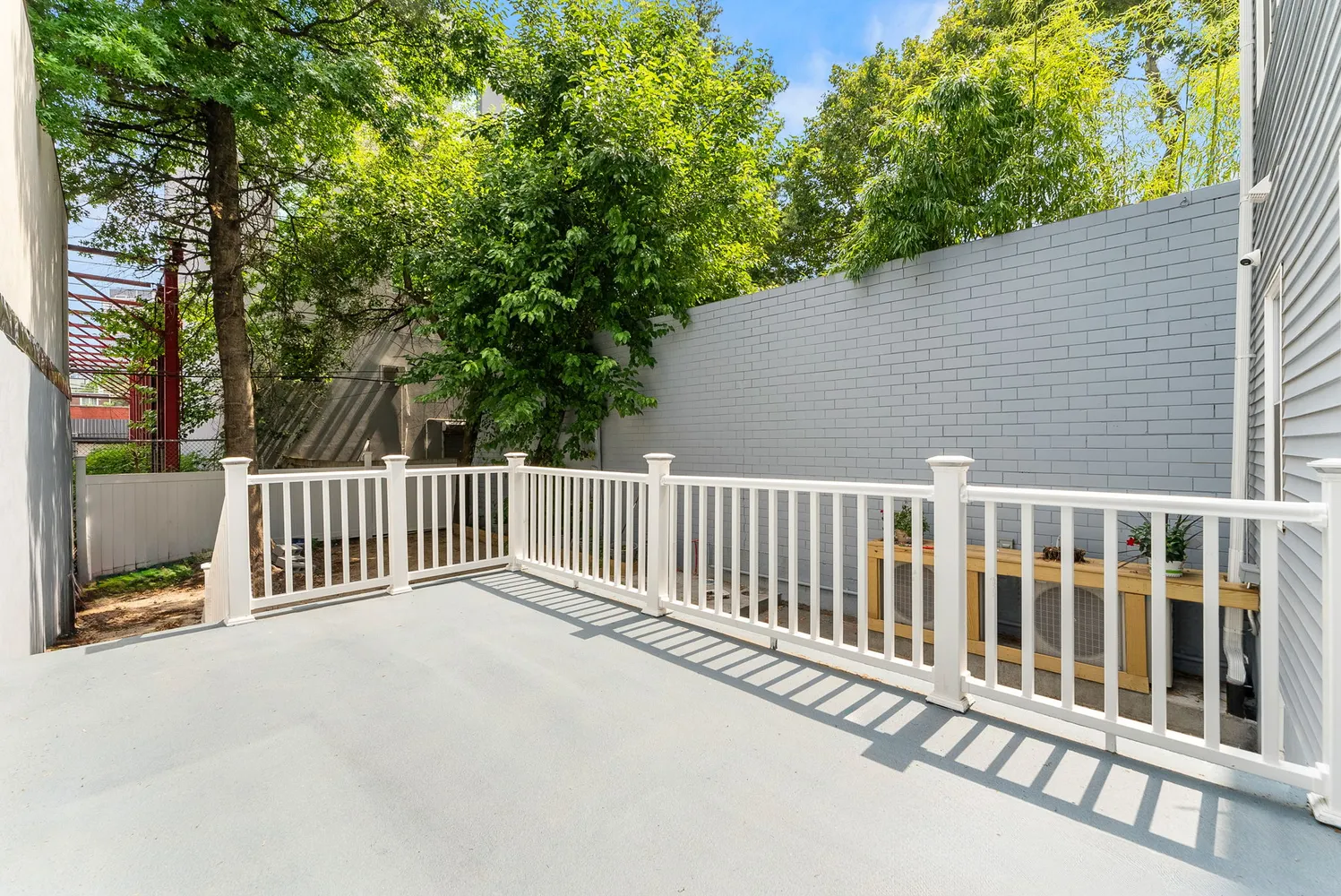 a balcony with a bench