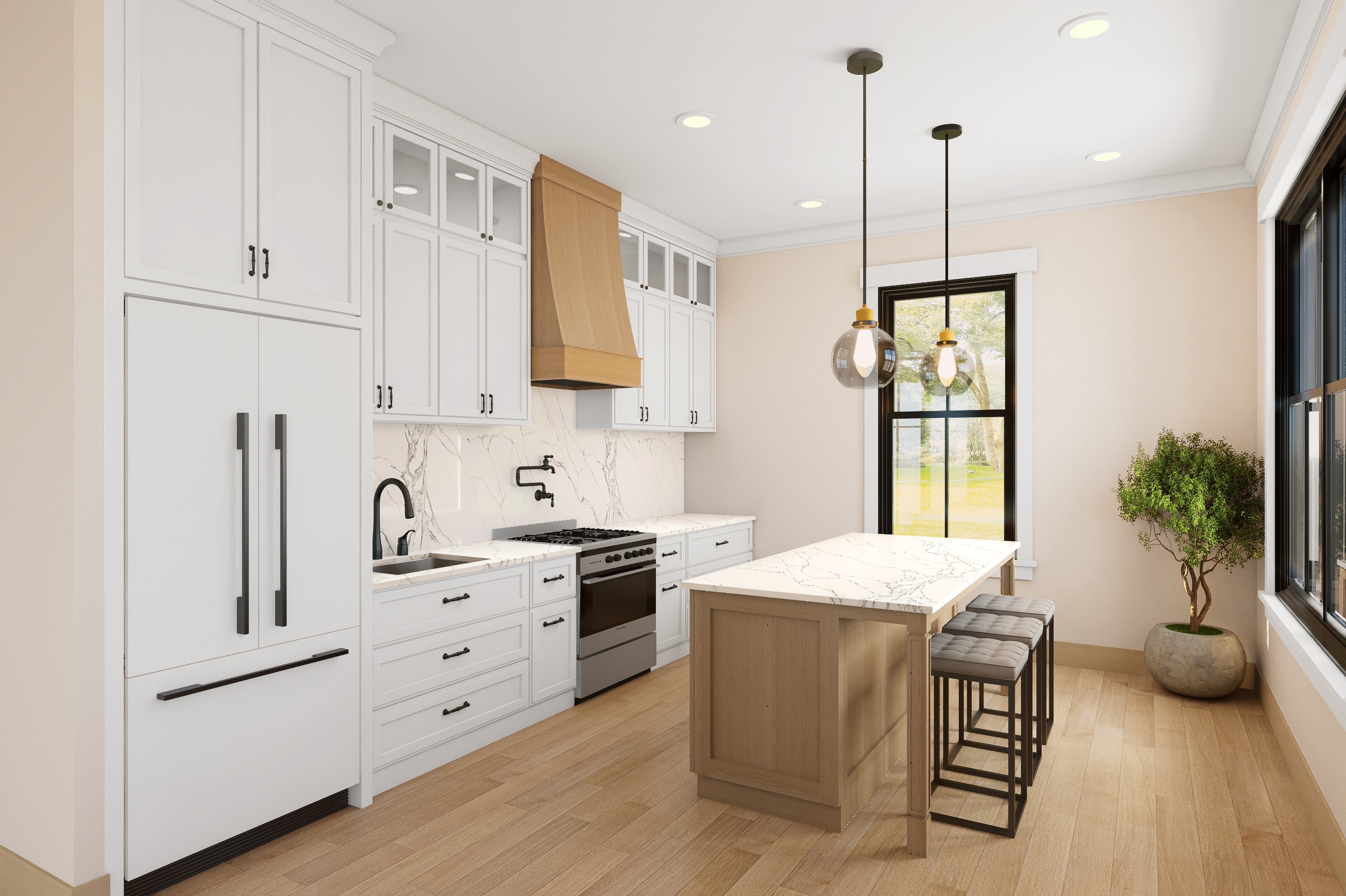 a kitchen with stainless steel appliances kitchen island granite countertop a stove a sink and a refrigerator with white cabinets