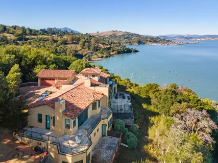 an aerial view of houses with a lake
