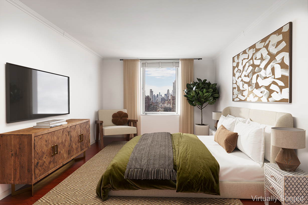 1619 3rd Avenue, Unit 21H Manhattan, NY 10128 - Photo 5 of 16 a bedroom with a large bed and a flat screen tv
