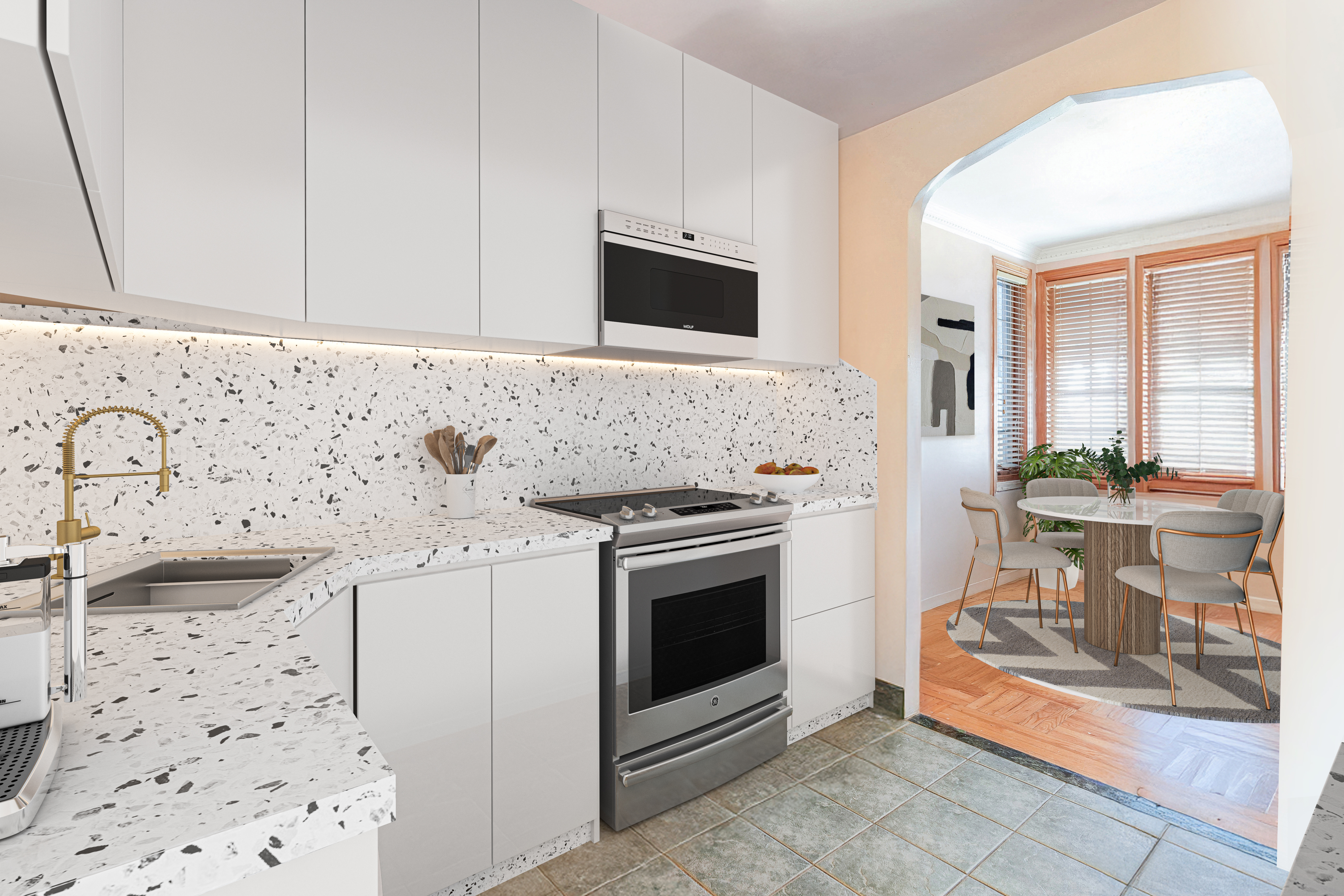 233 Battery Avenue Brooklyn, NY 11209 - Photo 4 of 26 a kitchen with stainless steel appliances a stove a sink and a microwave