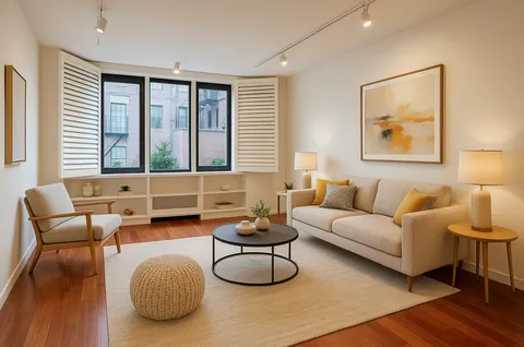 a living room with furniture a window and a potted plant