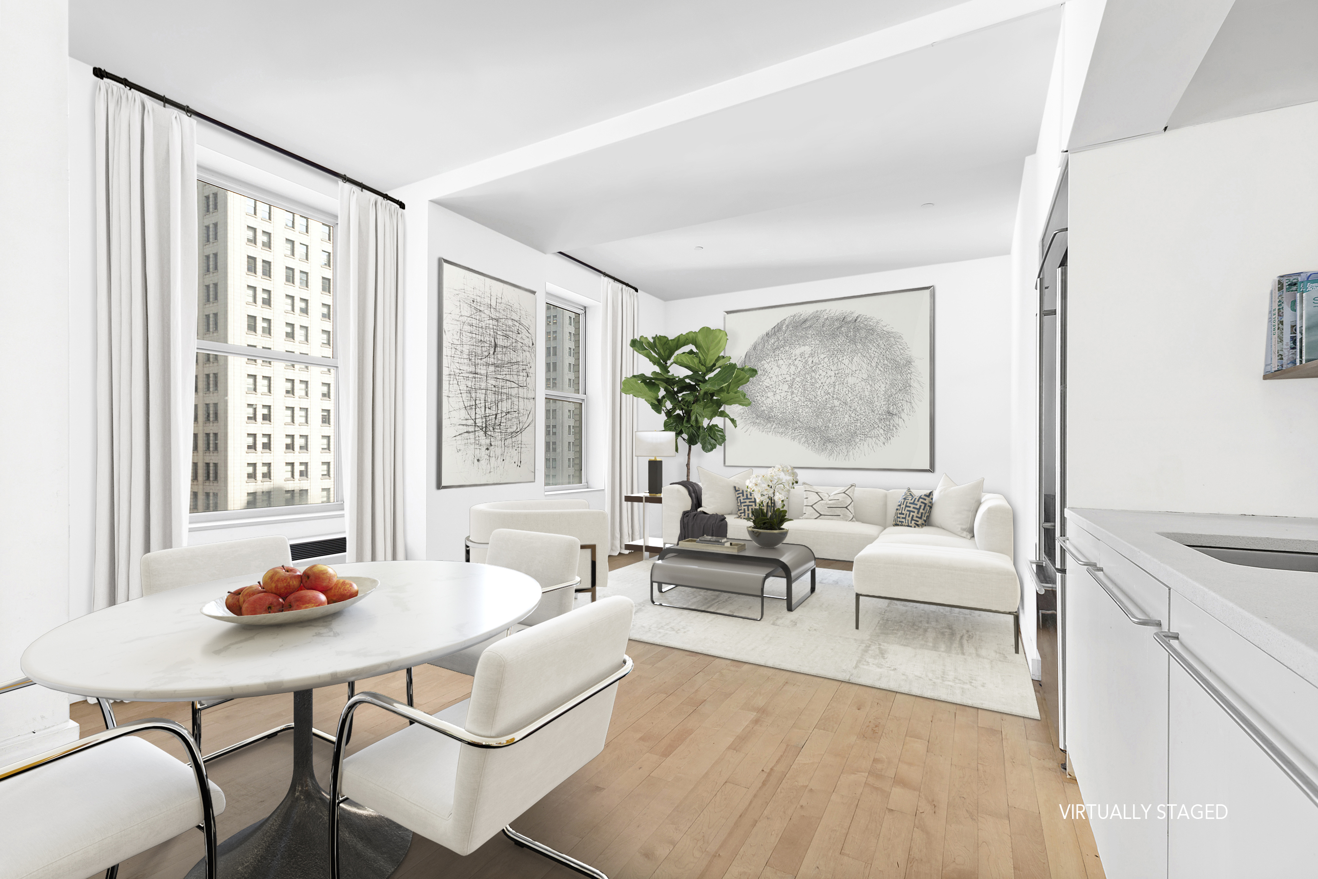 15 Broad Street, Unit 1601 Manhattan, NY 10005 - Photo 2 of 16 a living room with furniture and a large window