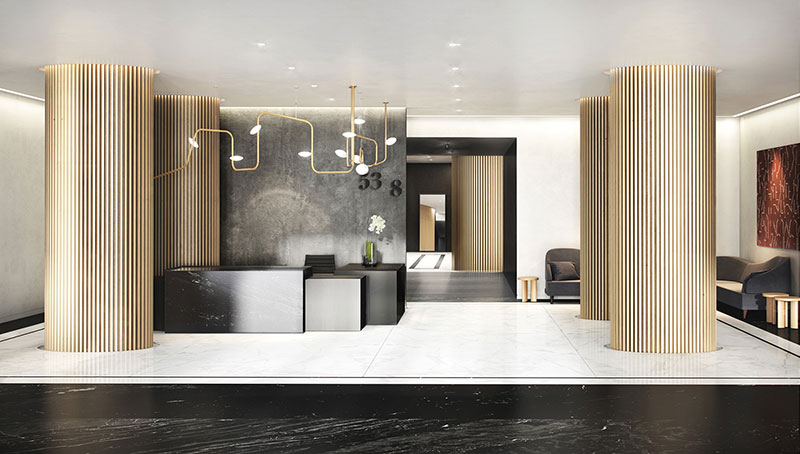 301 West 53rd Street, Unit 16D Manhattan, NY 10019 - Photo 11 of 16 a living room with stainless steel appliances kitchen island granite countertop furniture and a large window