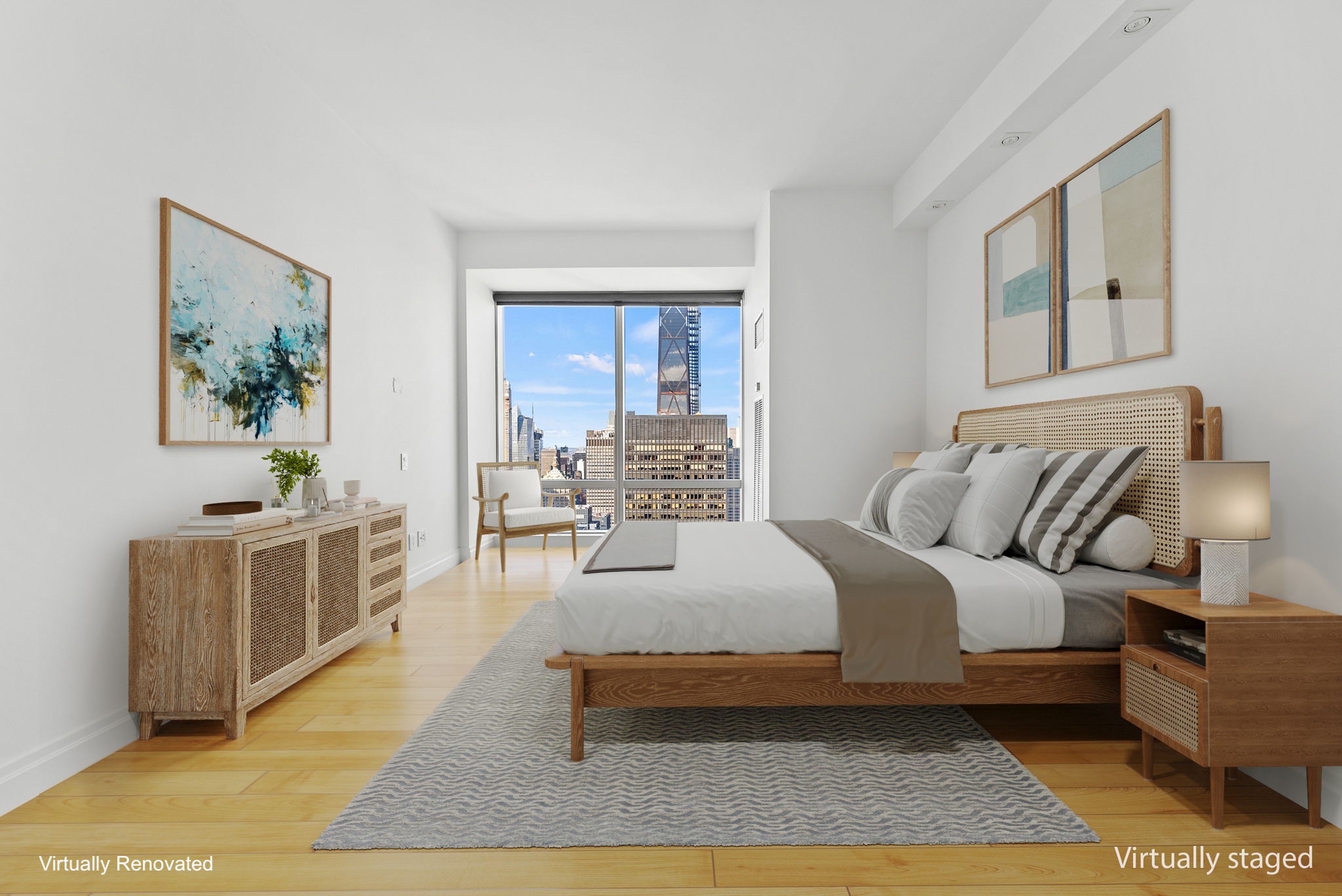 845 United Nations Plaza, Unit 63D Manhattan, NY 10017 - Photo 8 of 16 a spacious bedroom with a large bed and a window
