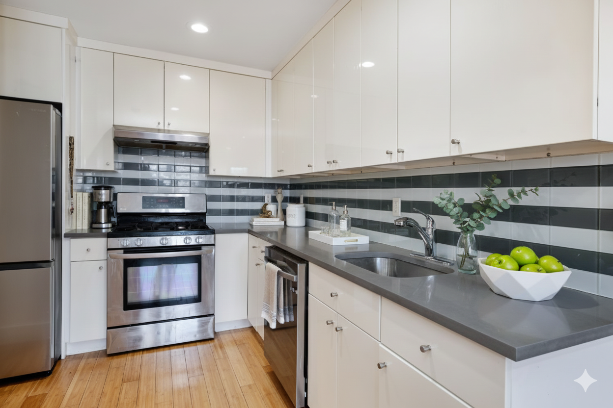 234 West 148th Street, Unit 5D Manhattan, NY 10039 - Photo 10 of 16 a kitchen with stainless steel appliances granite countertop a sink a stove and a wooden floors