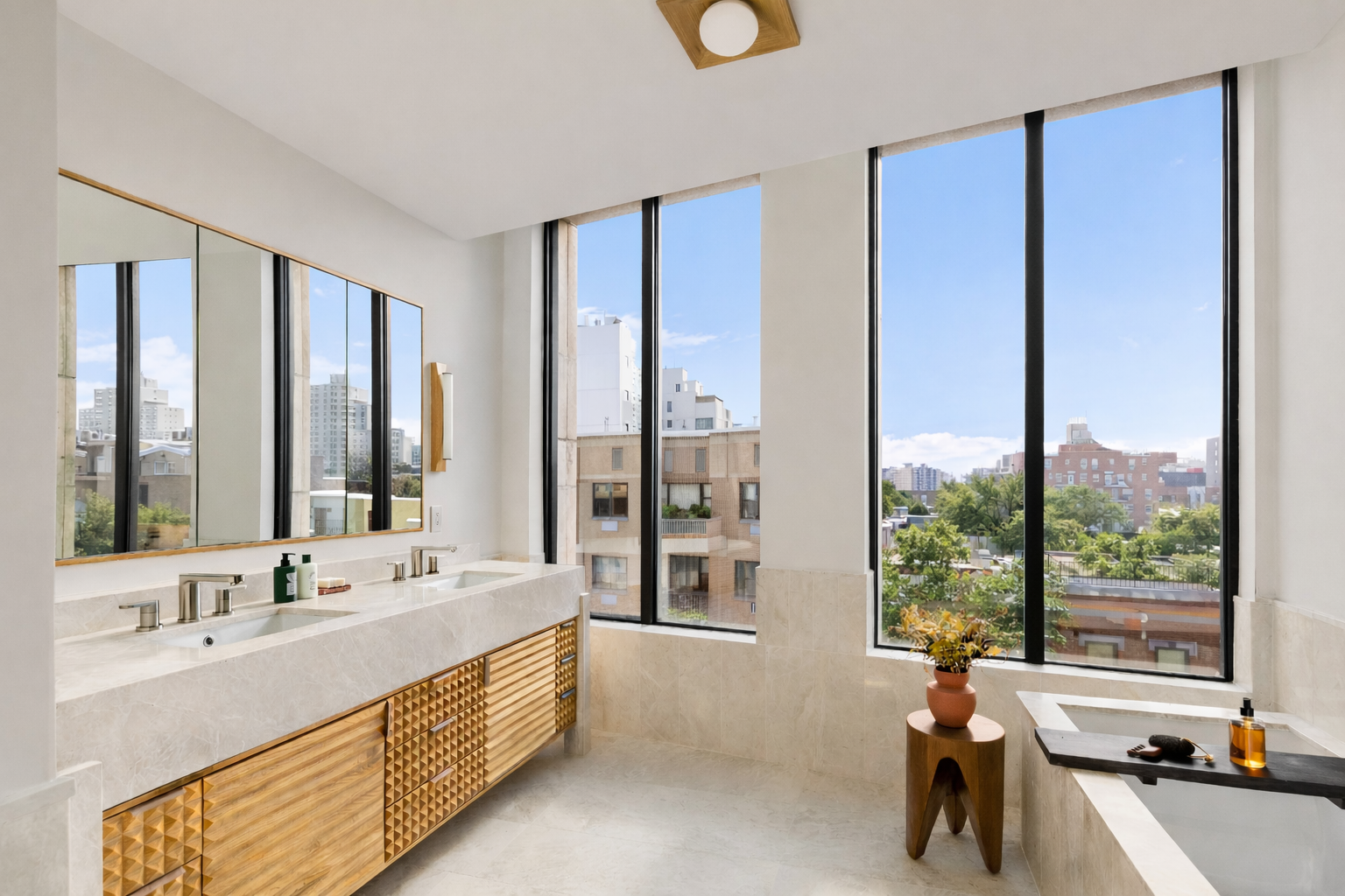 323 Bergen Street, Unit PH608E Brooklyn, NY 11217 - Photo 7 of 37 a bathroom with a double vanity sink a large mirror and a large window