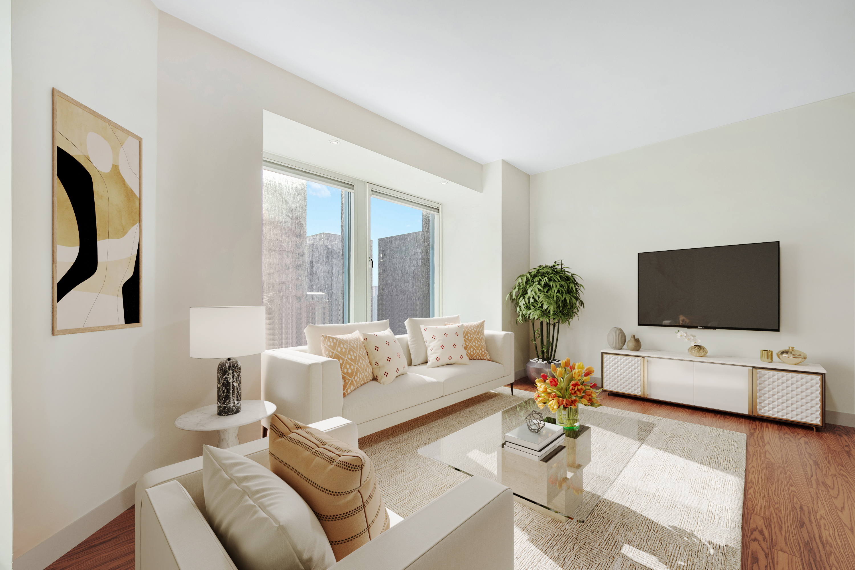 150 West 56th Street, Unit 3812 Manhattan, NY 10019 - Photo 3 of 14 a living room with furniture a flat screen tv and a large window