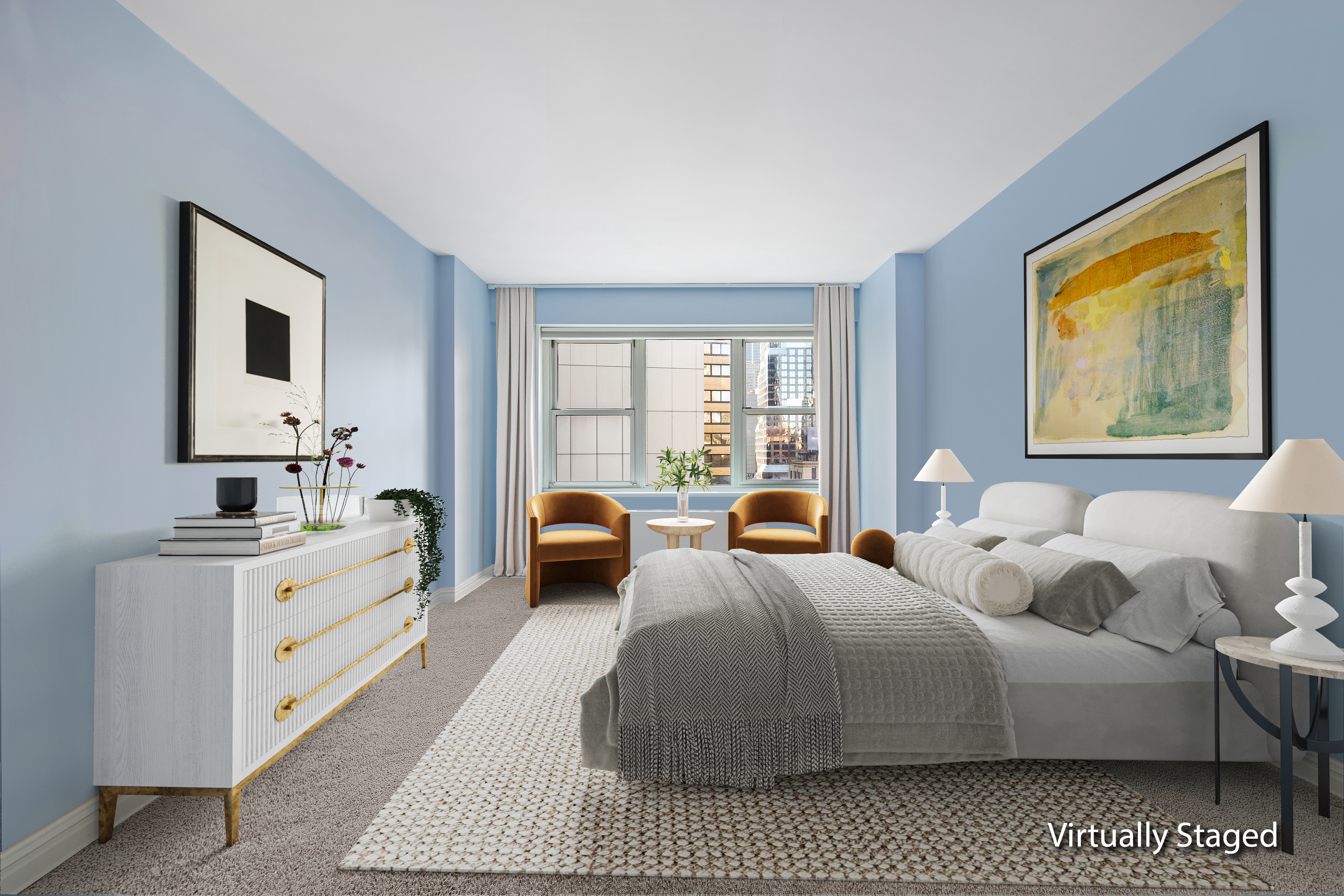 159 West 53rd Street, Unit 16E Manhattan, NY 10019 - Photo 8 of 10 a spacious bedroom with a bed and a couch