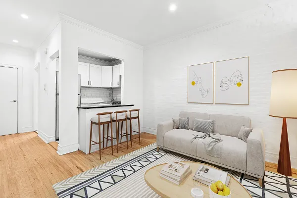 a living room with furniture and a table