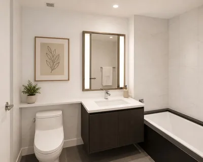 a bathroom with a toilet sink and mirror