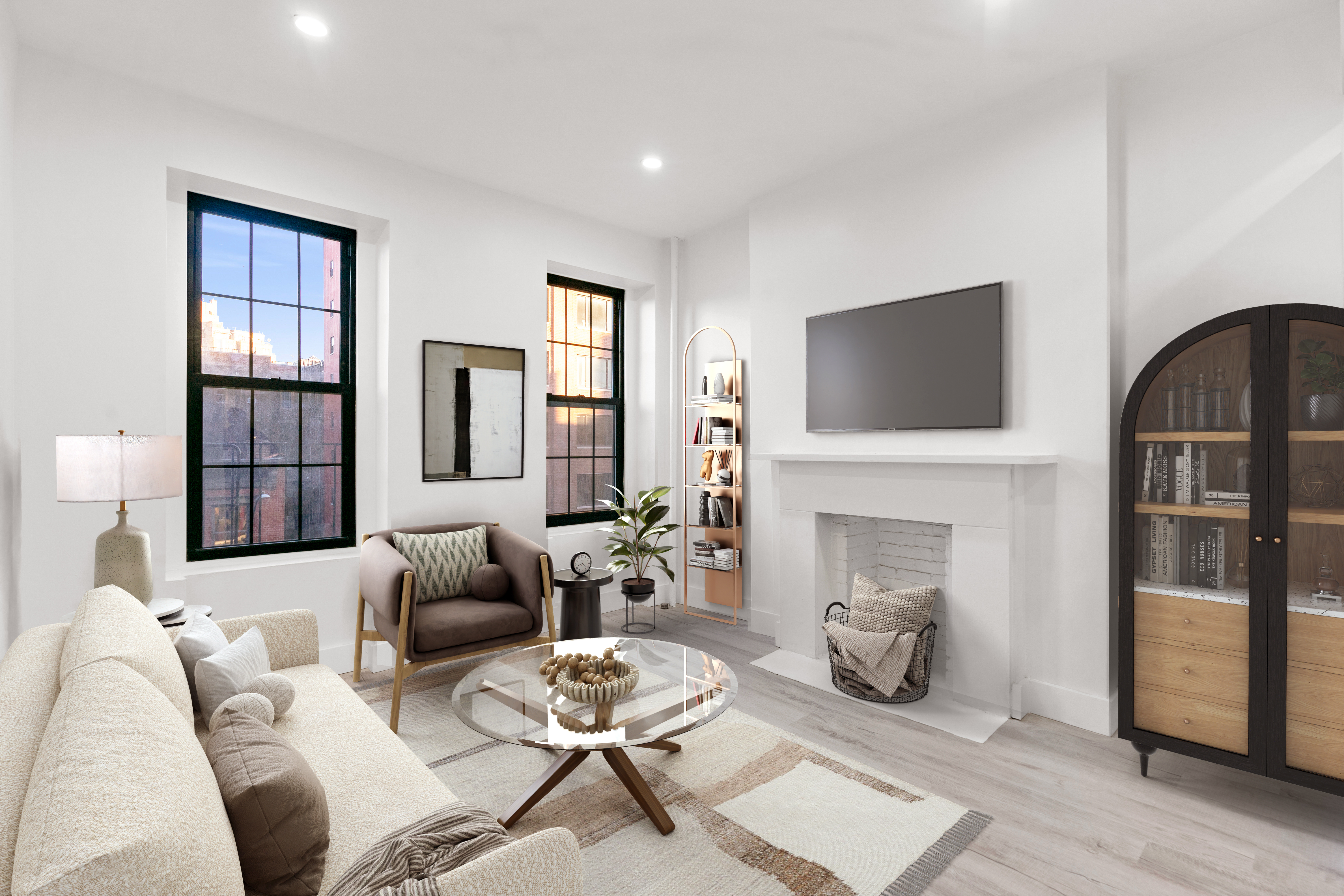 a living room with furniture a fireplace and a flat screen tv