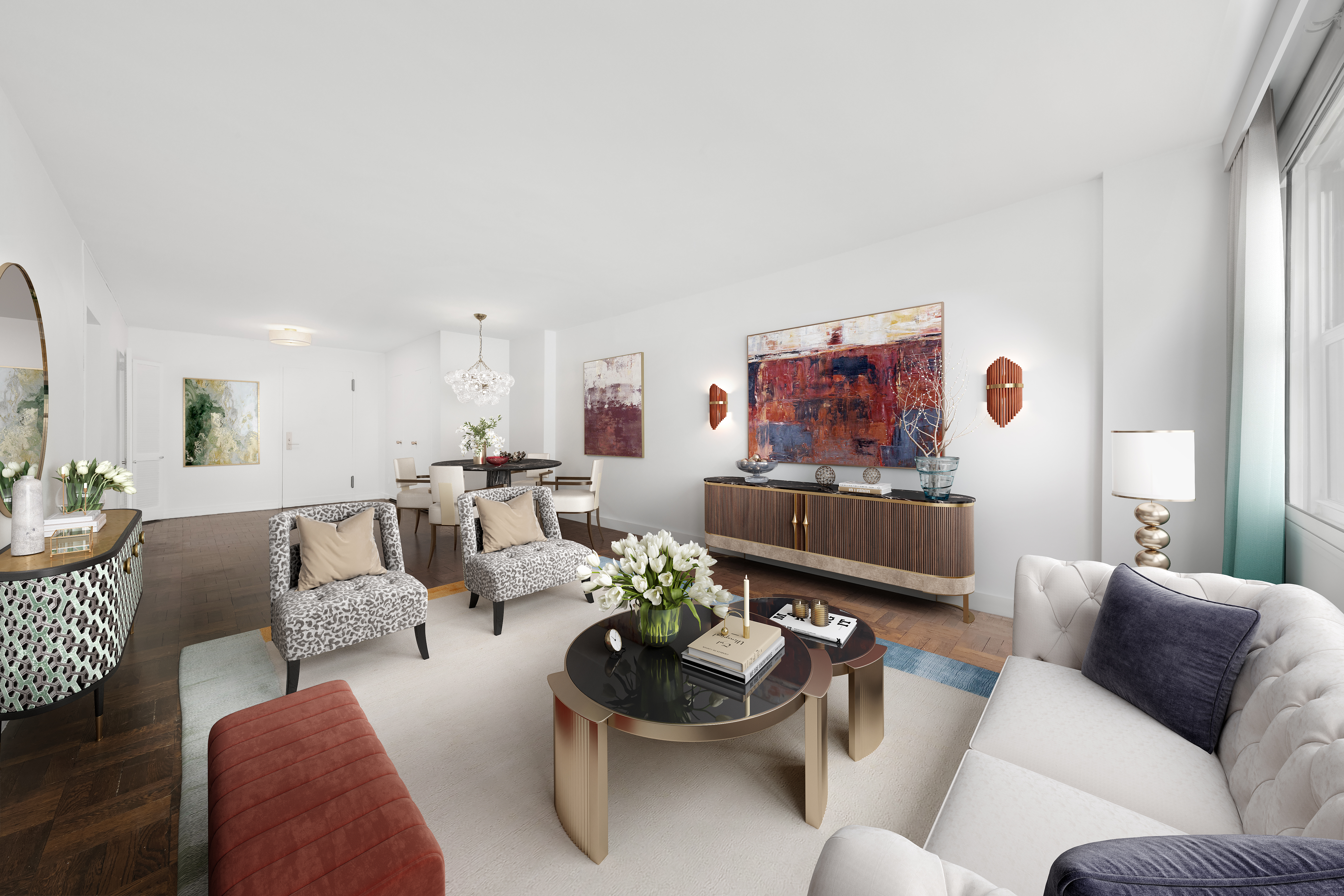 77 West 55th Street, Unit 17F Manhattan, NY 10019 - Photo 2 of 12 a living room with furniture and a flat screen tv