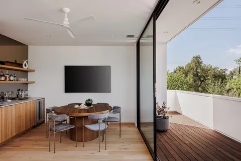 a room with a book shelf