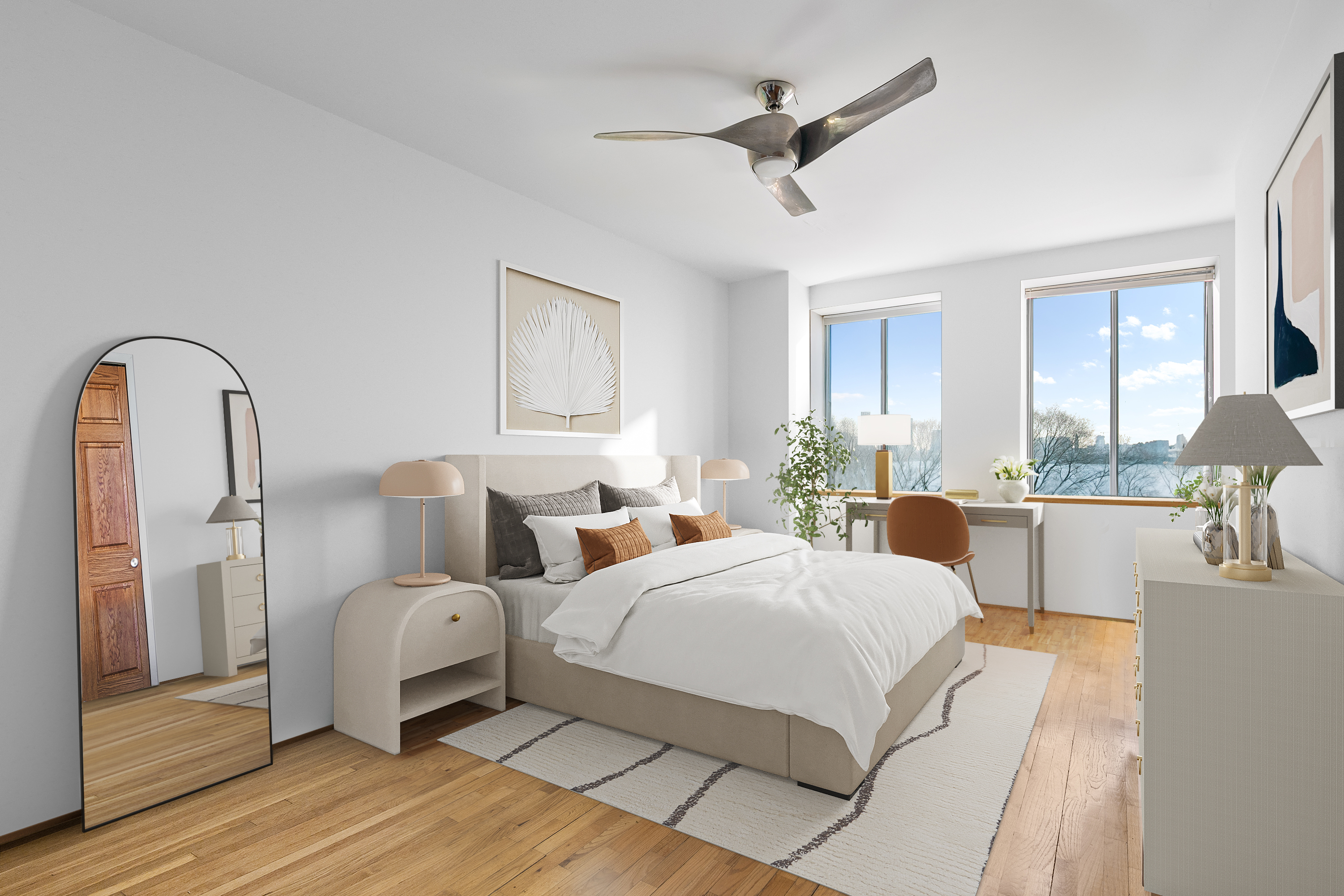 167 Perry Street, Unit 5N Manhattan, NY 10014 - Photo 8 of 12 a bedroom with two beds and a large window