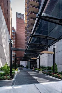 a view of a garage with wooden floor