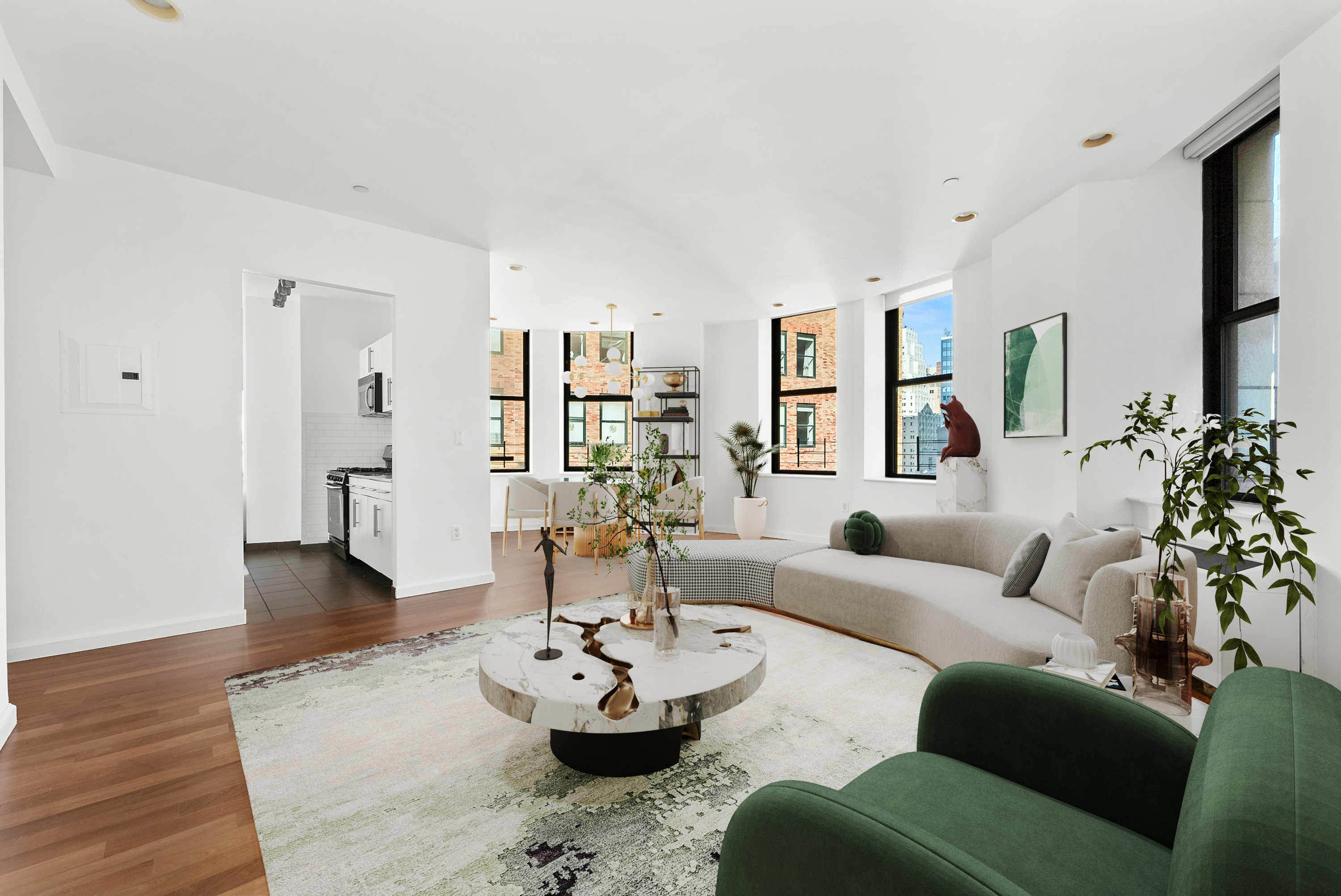 1 Wall Street Court, Unit 1405 Manhattan, NY 10005 - Photo 2 of 19 a living room with furniture and wooden floor