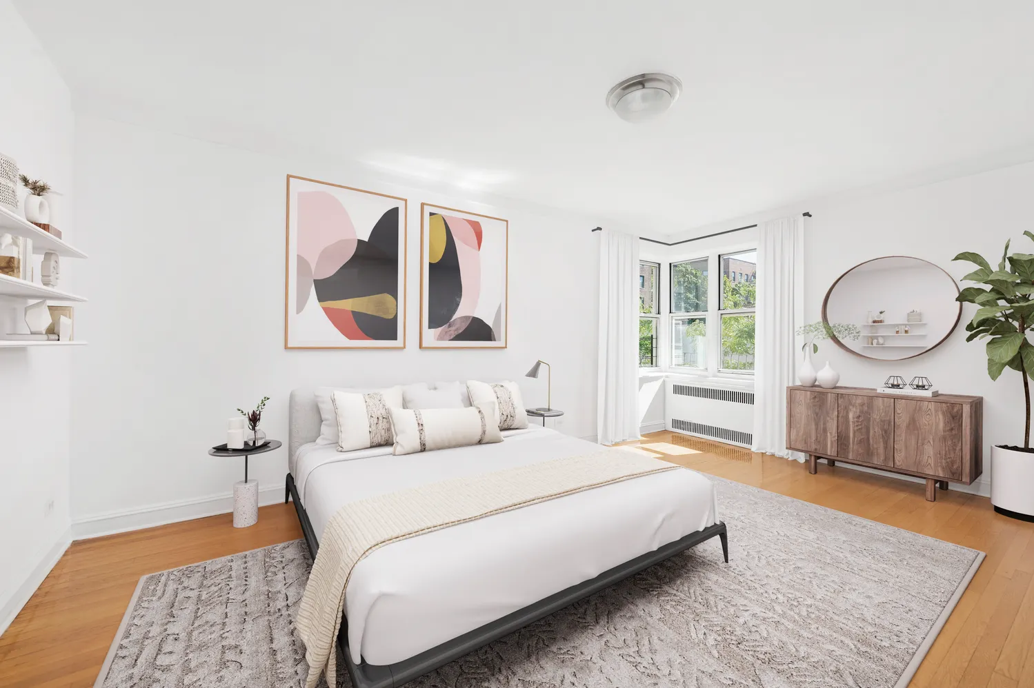 a bedroom with a bed a mirror and a window