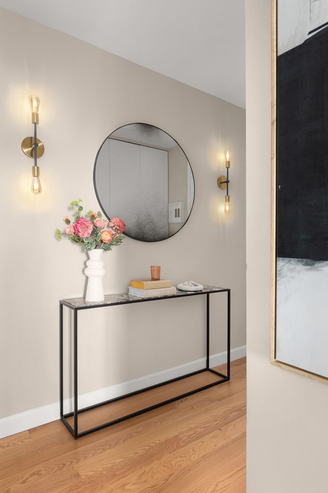 a living room with a wooden floor