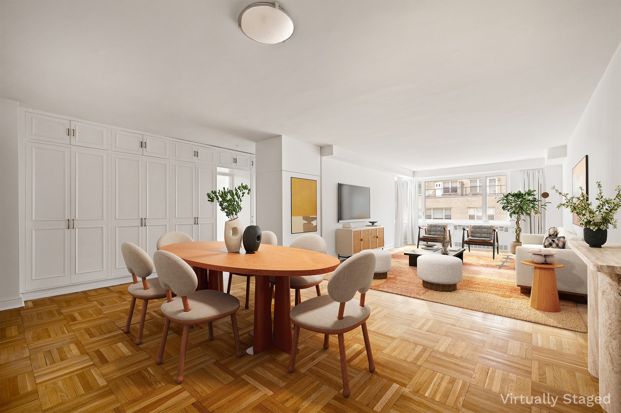a view of a dining room with furniture